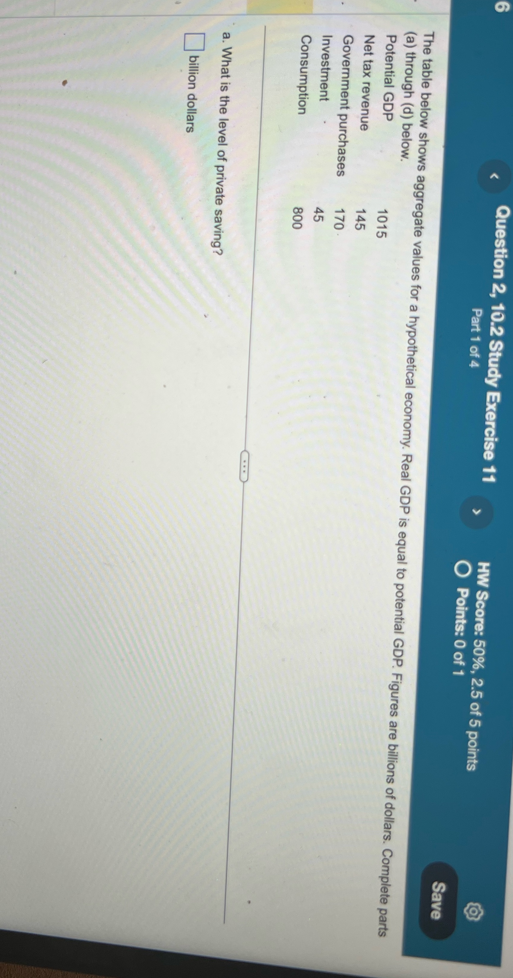 Question 2, 10.2 Study Exercise 11 v HW Score: 50%, 2.5