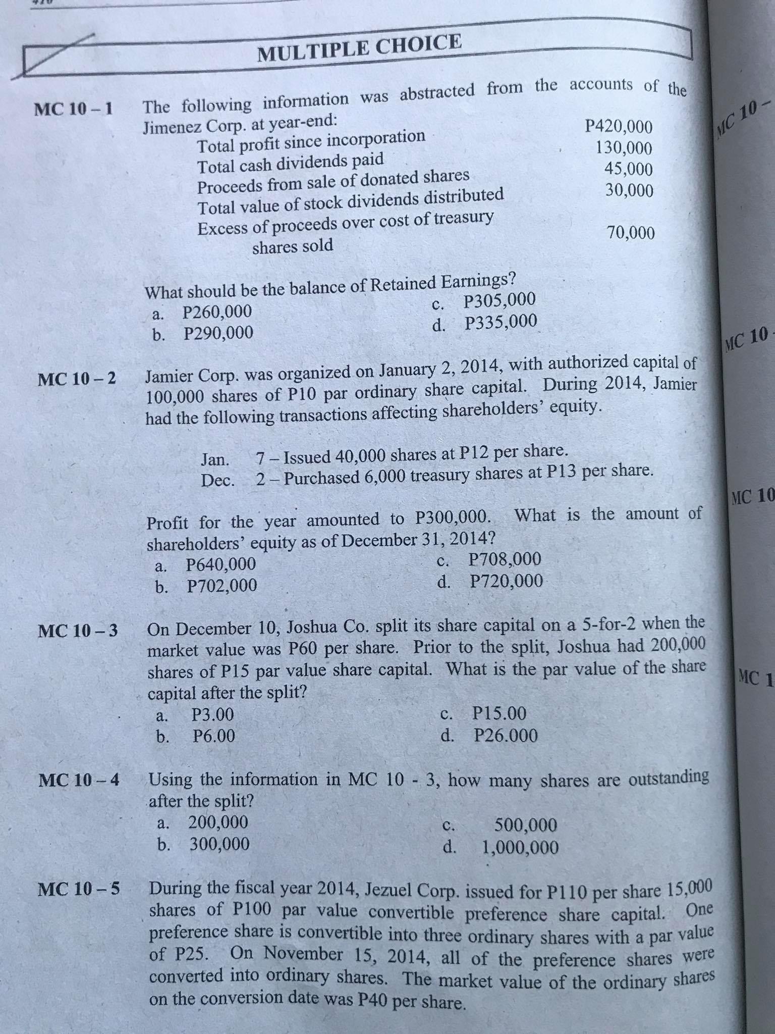 a share-for-share basis. per s e. Reissued 1,500 treasury shares at P65.
