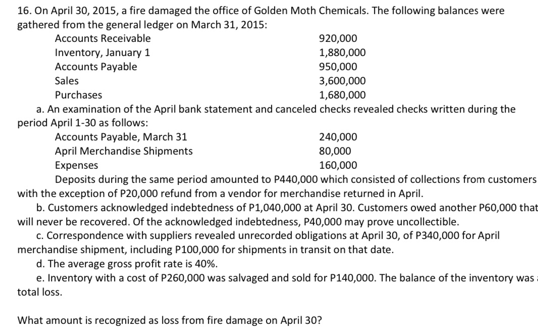 Topic : InventoriesRequirement : What amount is recognized as loss from fire