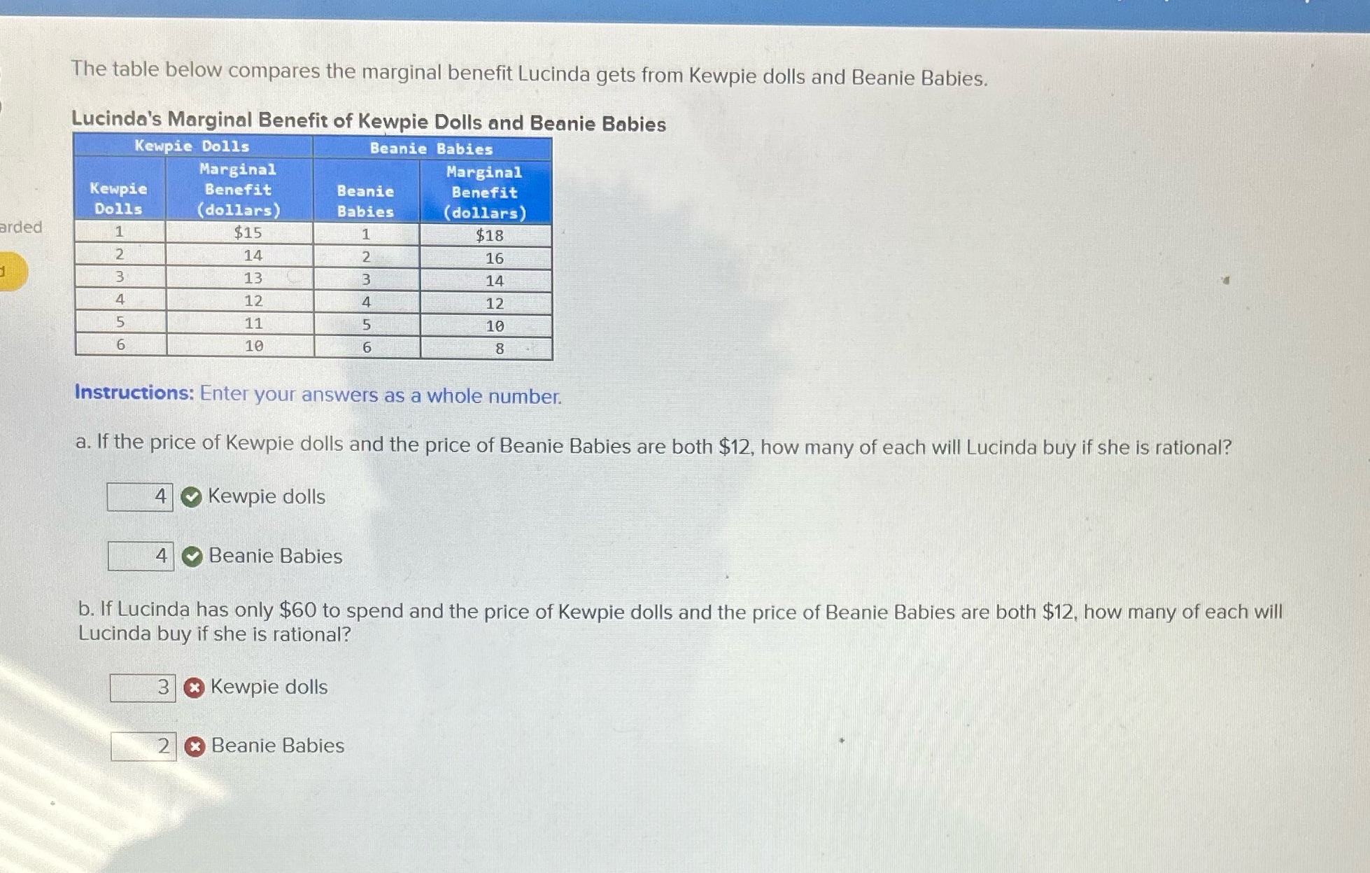 Solve The table below compares the marginal benefit Lucinda gets from Kewpie