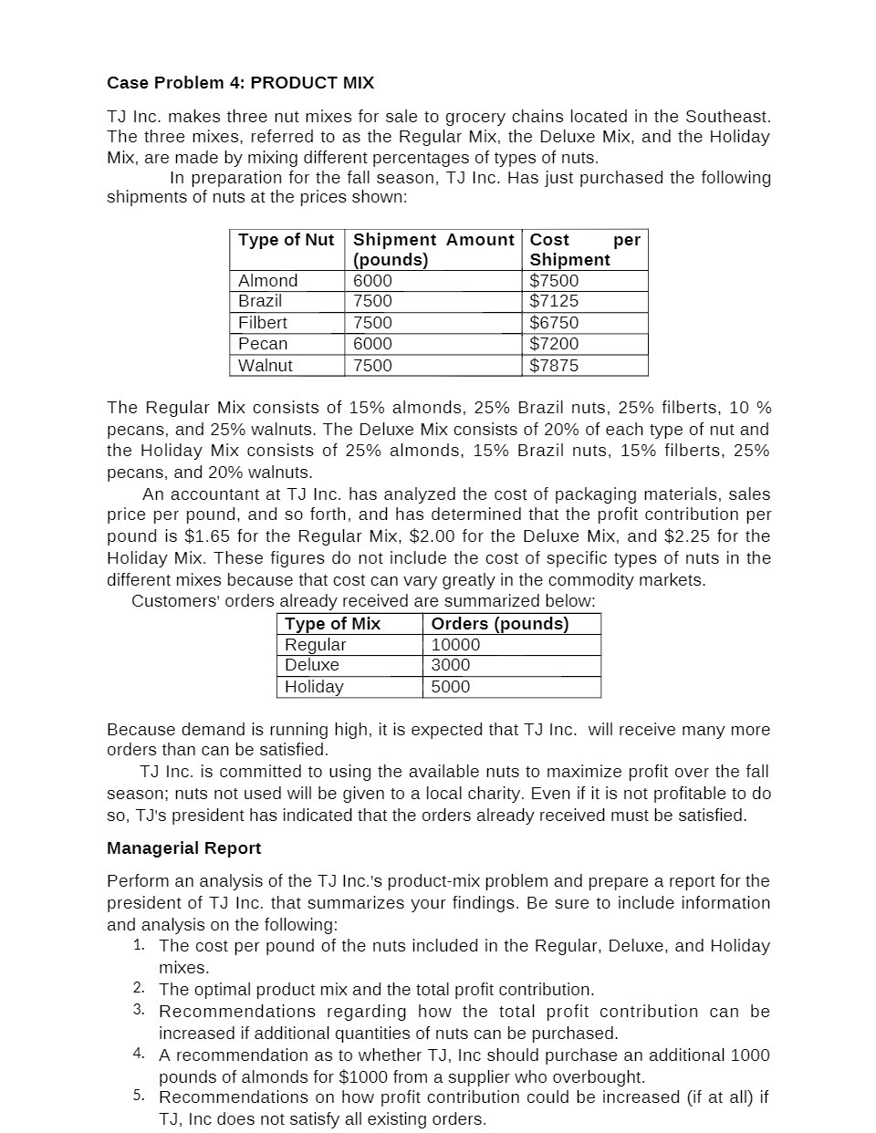 Case Problem 4: PRODUCT MIX TJ Inc. makes three nut mixes