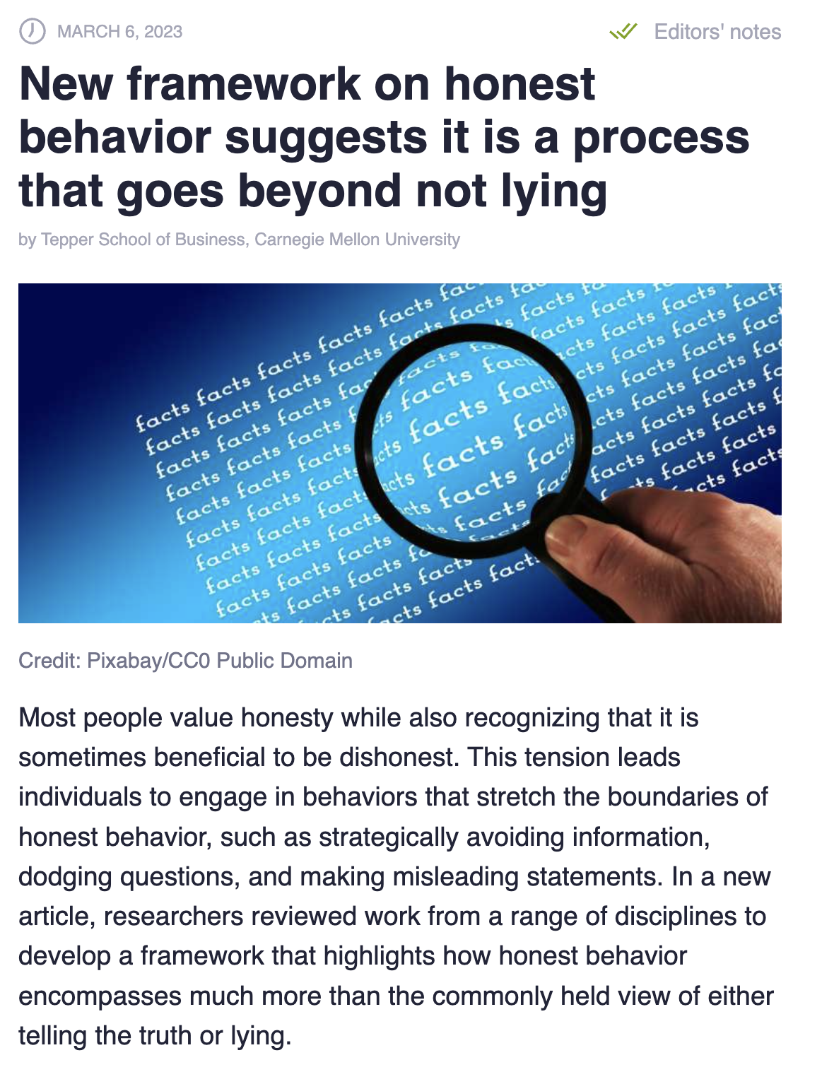 goes beyond not lying Editors' notes by Tepper School of Business, Carnegie