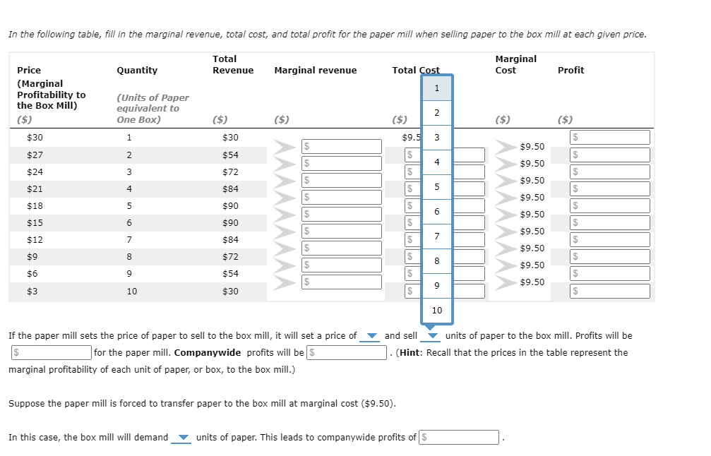 paper) to make one unit of boxes is $9.50. Assume the two
