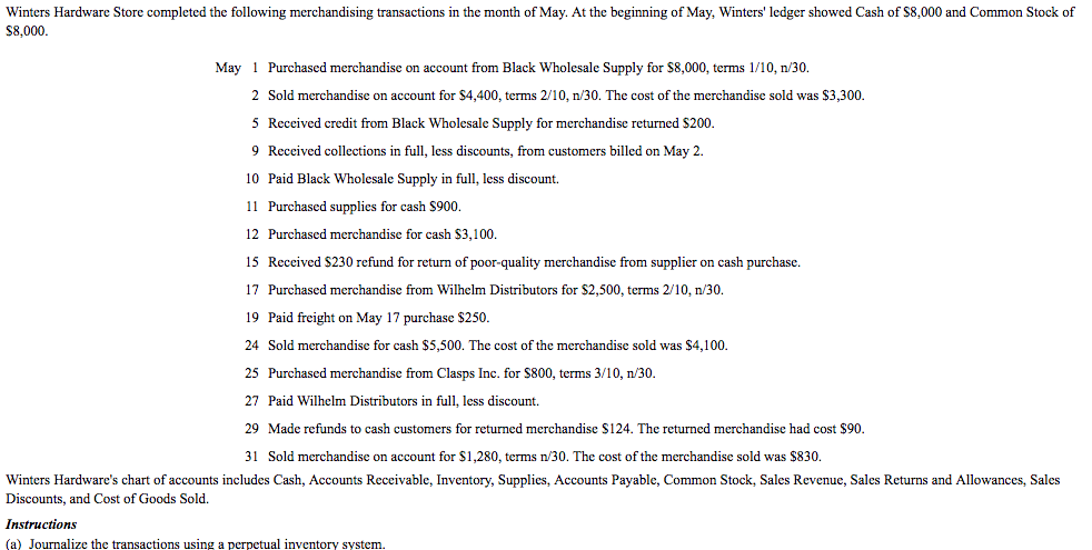 Journalize the transactions using a perpetual inventory system. Winters Hardware Store completed
