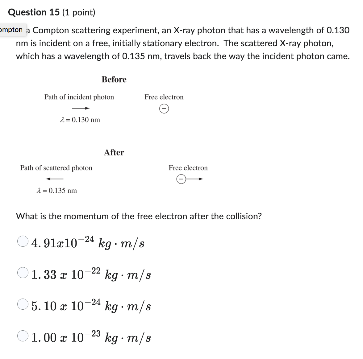  Question 15 (1 point) Jmpton a Compton scattering experiment, an X-ray