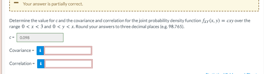  . Your answer is partially correct. Determine the value for c