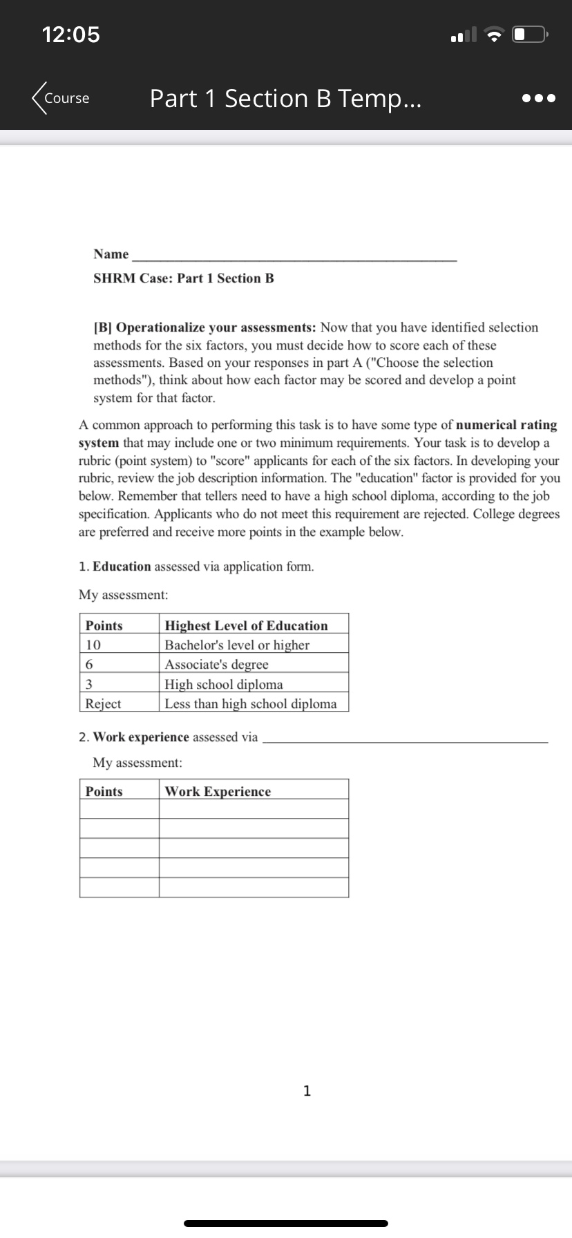 12:05 & Part 1 Section B Temp... Name SHRM Case: Part