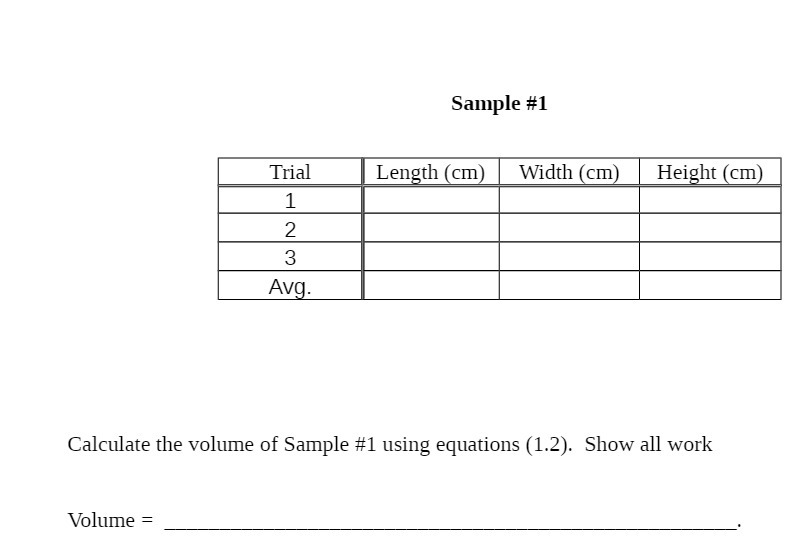 Sample #1 Trial Length (cm) Width (cm) Height (cm) 1 2