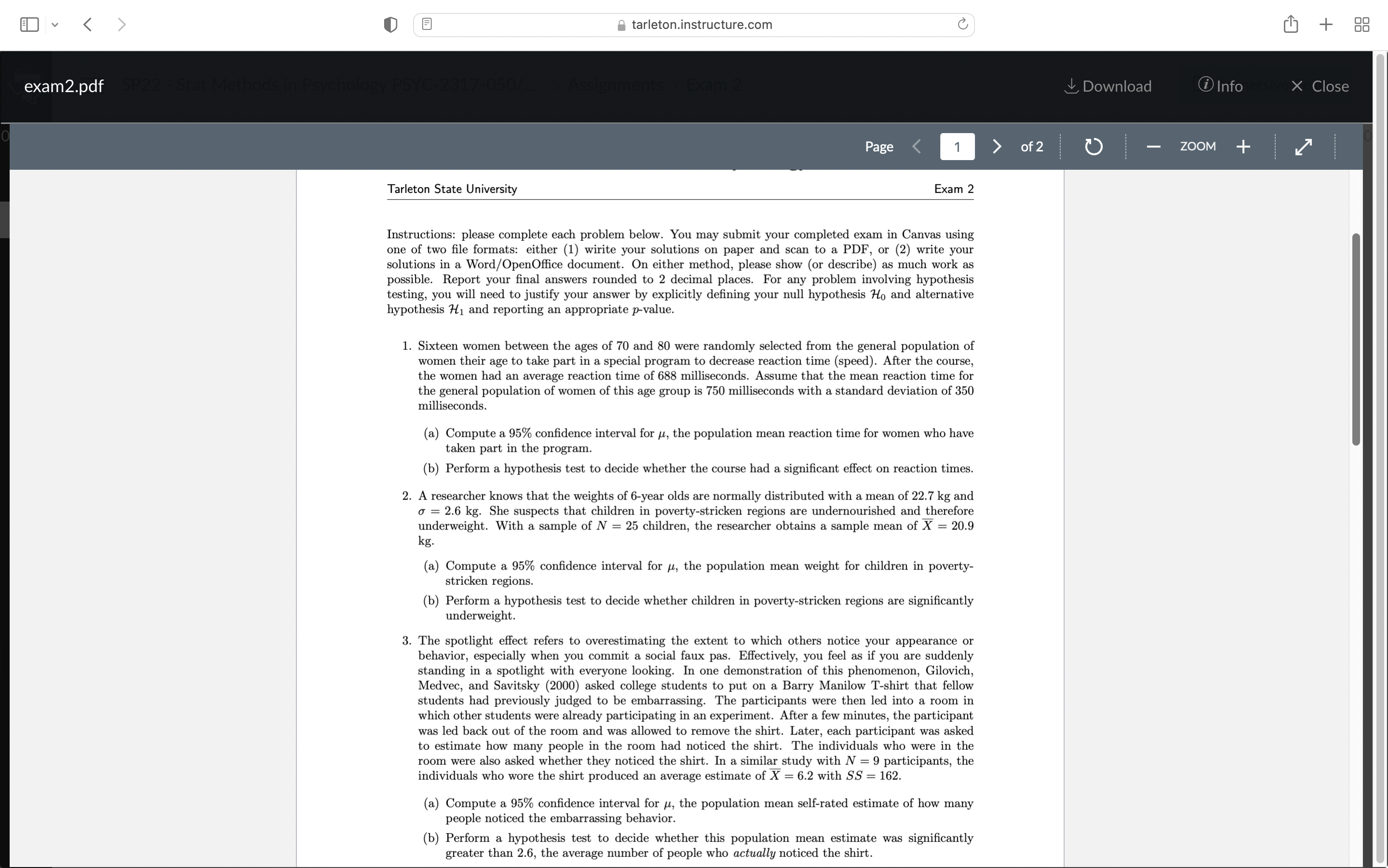 tarleton.instructure.com C + 88 exam2.pdf & Download @ Info X Close