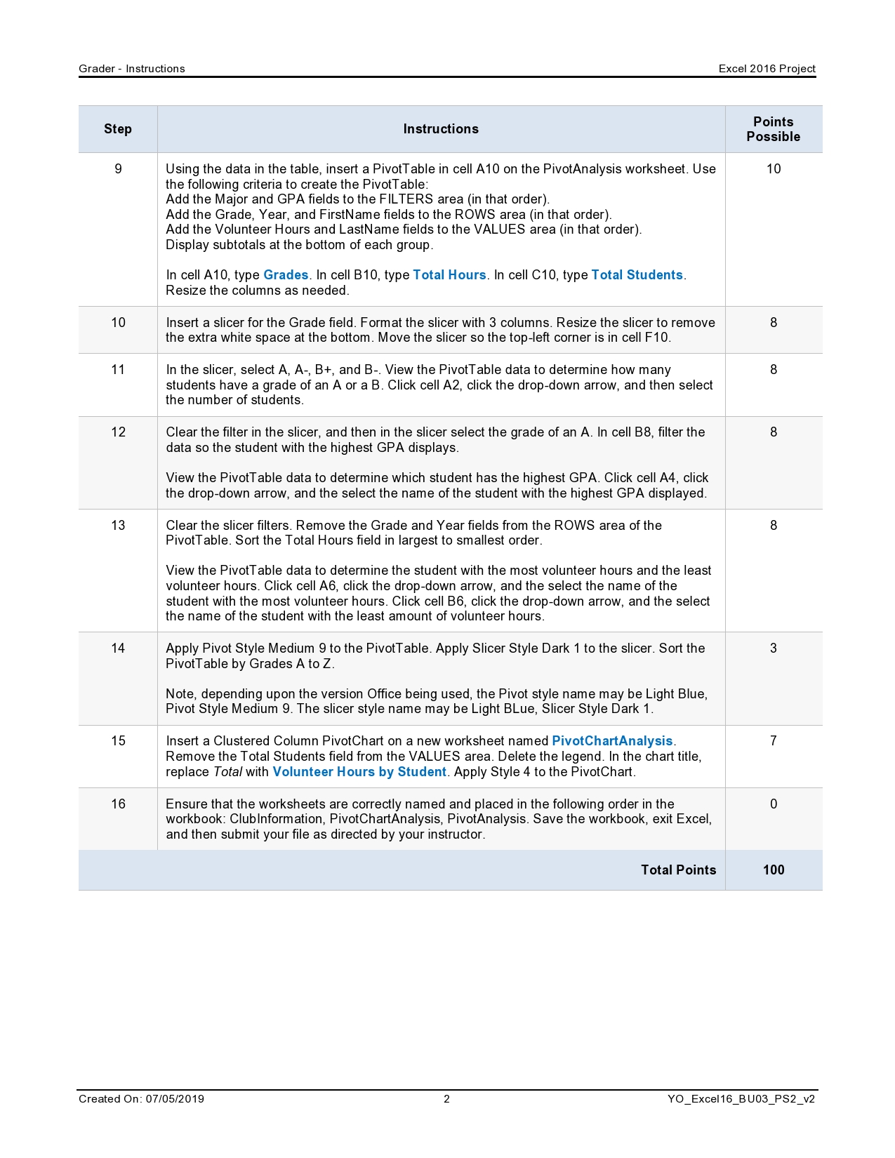  Grader - Instructions Excel 2016 Project Step Instructions Points Possible 9
