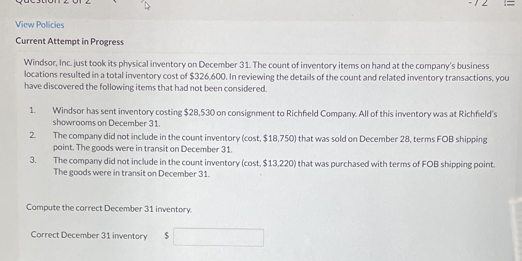 physical inventory on December 31. The count of inventory items on hand