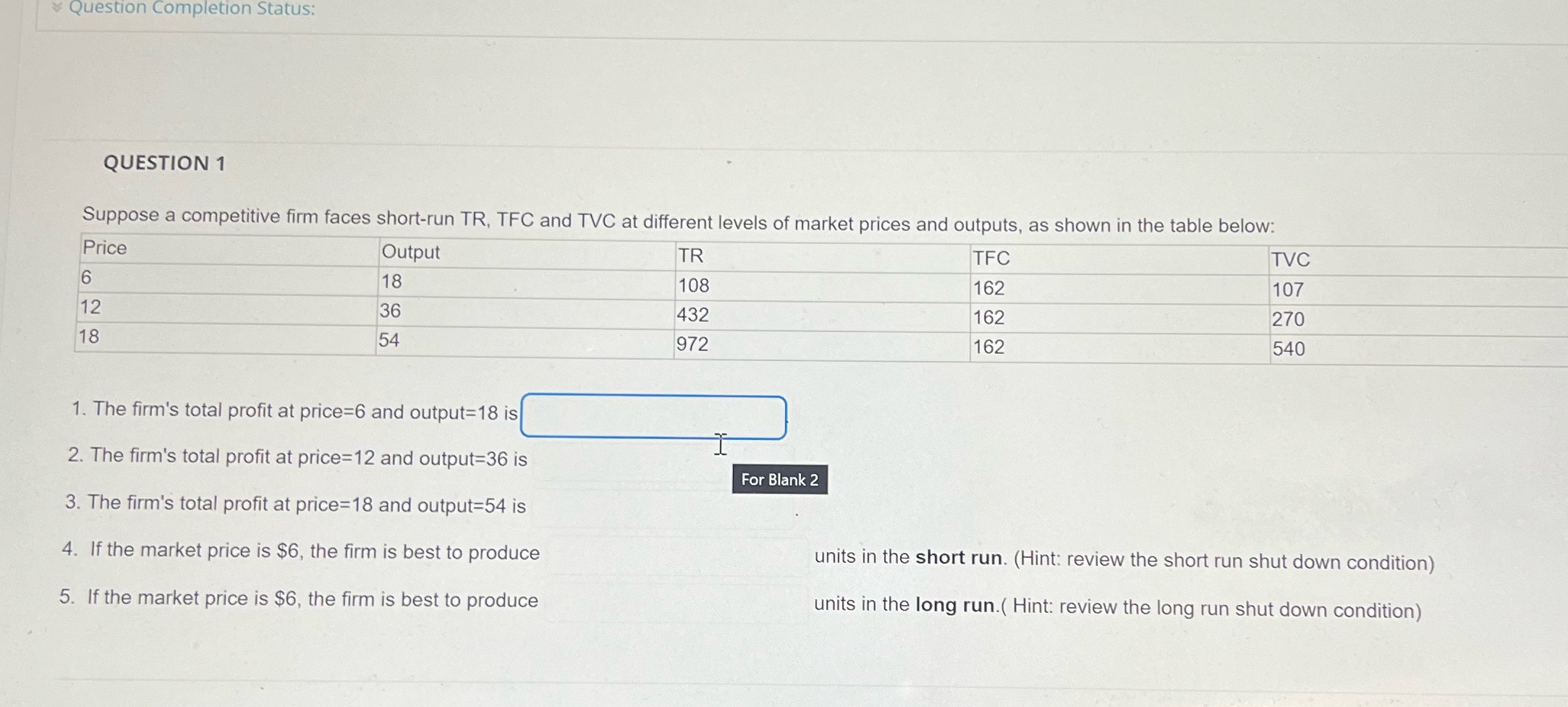  Question Completion Status: QUESTION 1 Suppose a competitive firm faces short-run