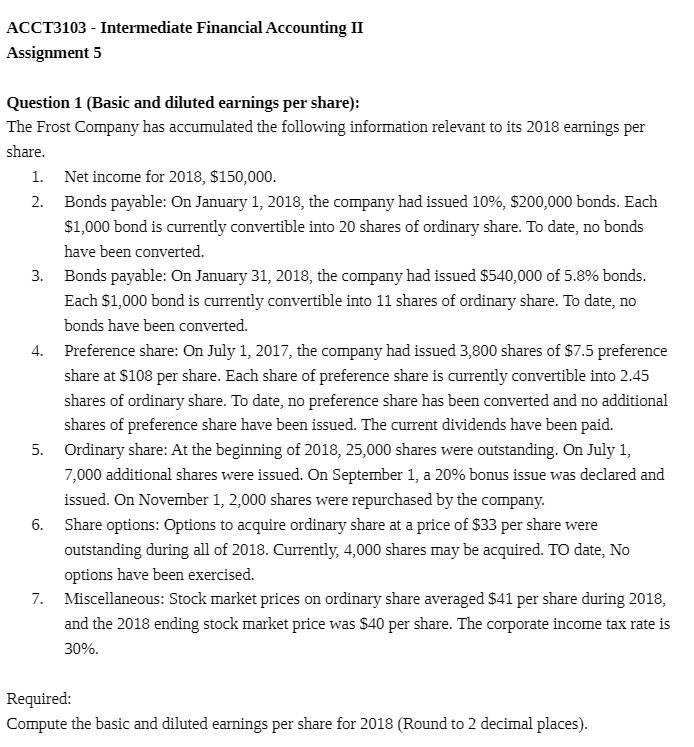  ACCT} 103 Intermediate Financial Accounting 1] Assignment 5 Question 1 [Basic