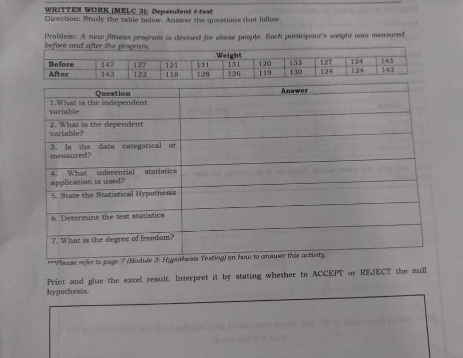  WRITTEN WORK (MELC 3); Dependent t-test Direction: Study the table below.