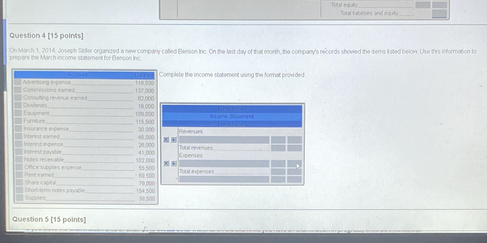  Total equity Total liabilities and equity Question 4 [15 points] On