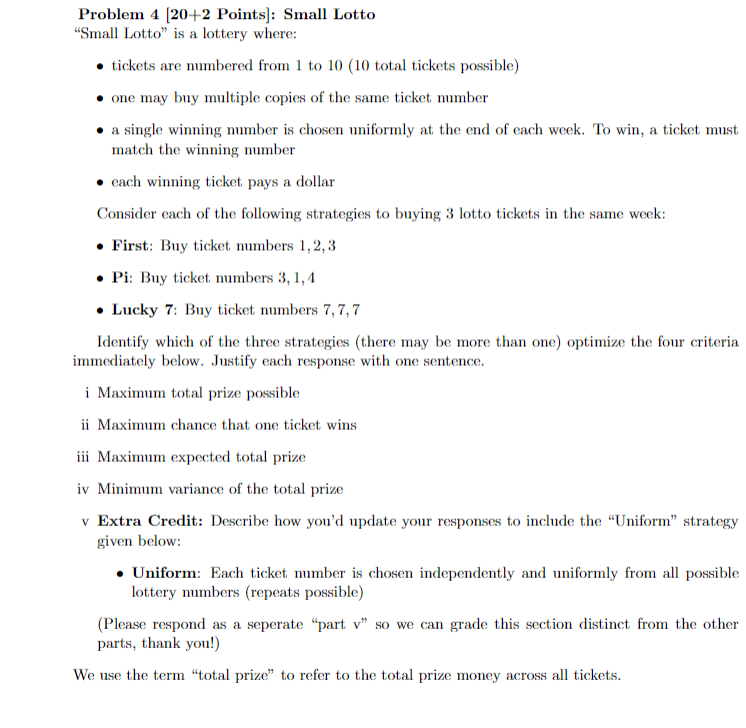 Problem 4 (20+2 Points): Small Lotto "Small Lotto" is a lottery