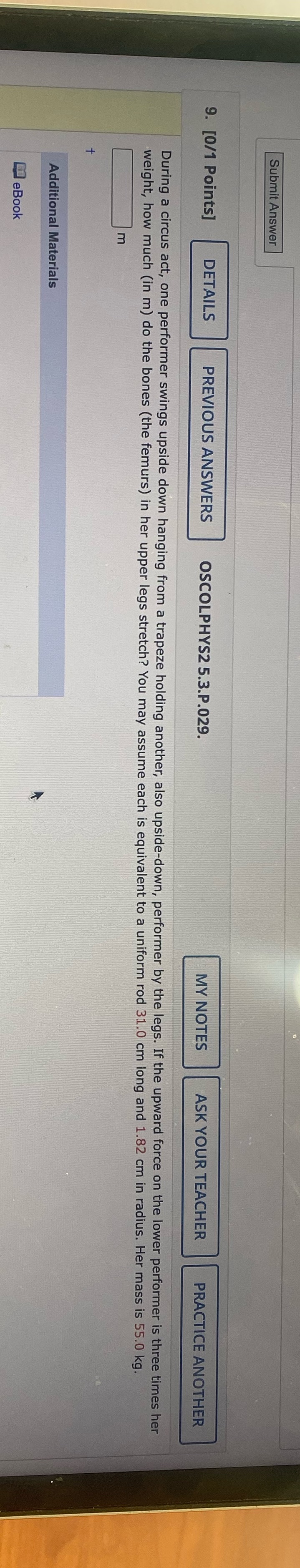 Need help Submit Answer 9. [0/1 Points] DETAILS PREVIOUS ANSWERS OSCOLPHYS2 5.3.P.029.