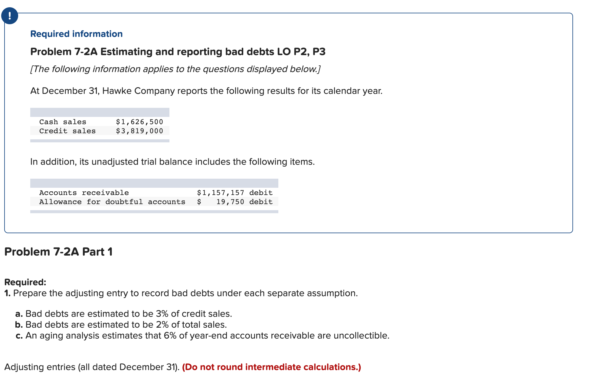 its calendar year. Cash sales $1,626,500 Credit sales $3,819,000 In addition, its