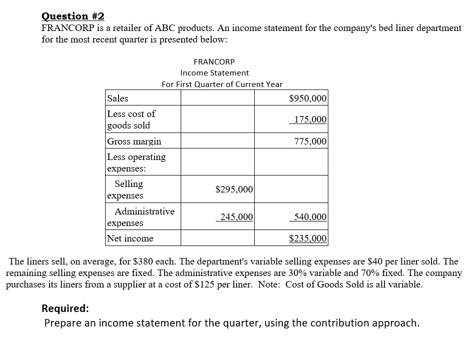 Question #2 FRANCORP is a retailer of ABC products. An income statement