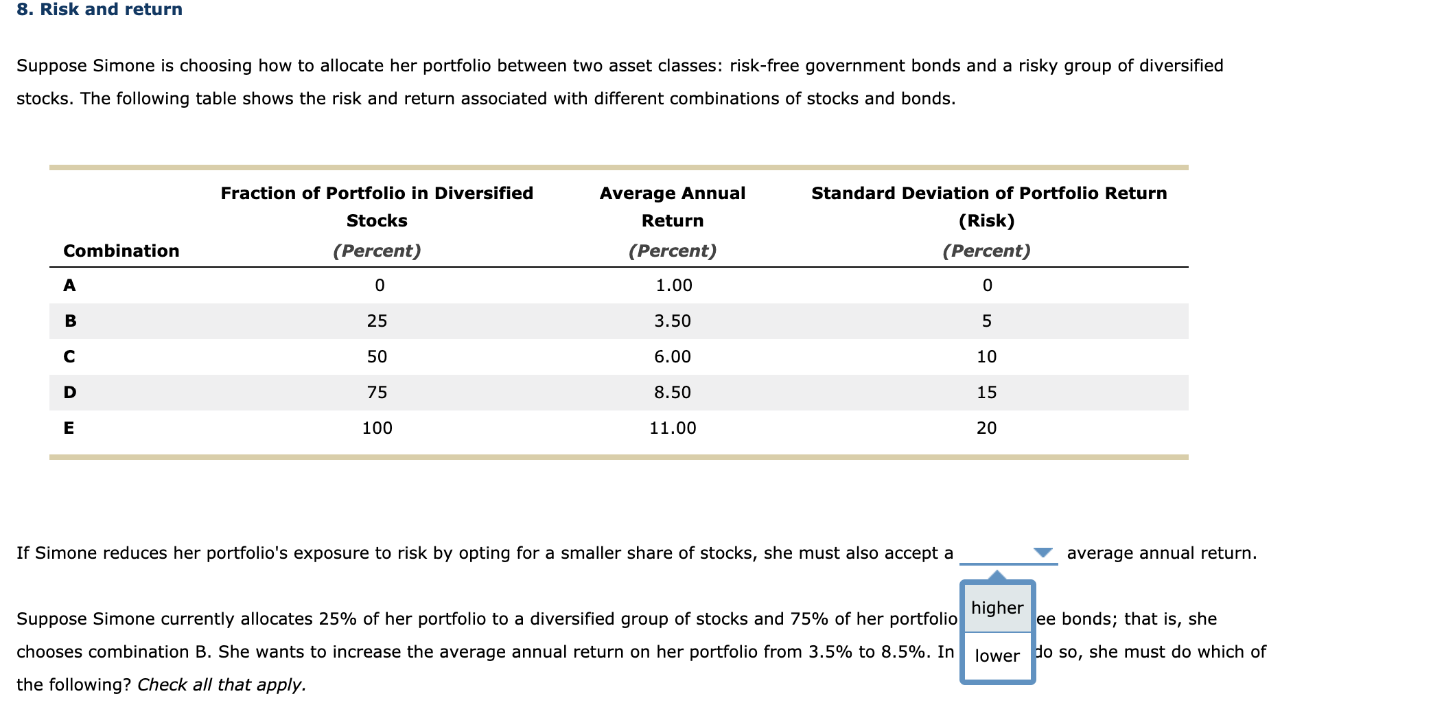 please answer the questions 8. Risk and return Suppose Simone is choosing