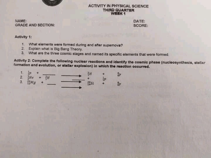  ACTIVITY IN PHYSICAL SCIENCE THIRD QUARTER WEEK 1 NAME: DATE: GRADE