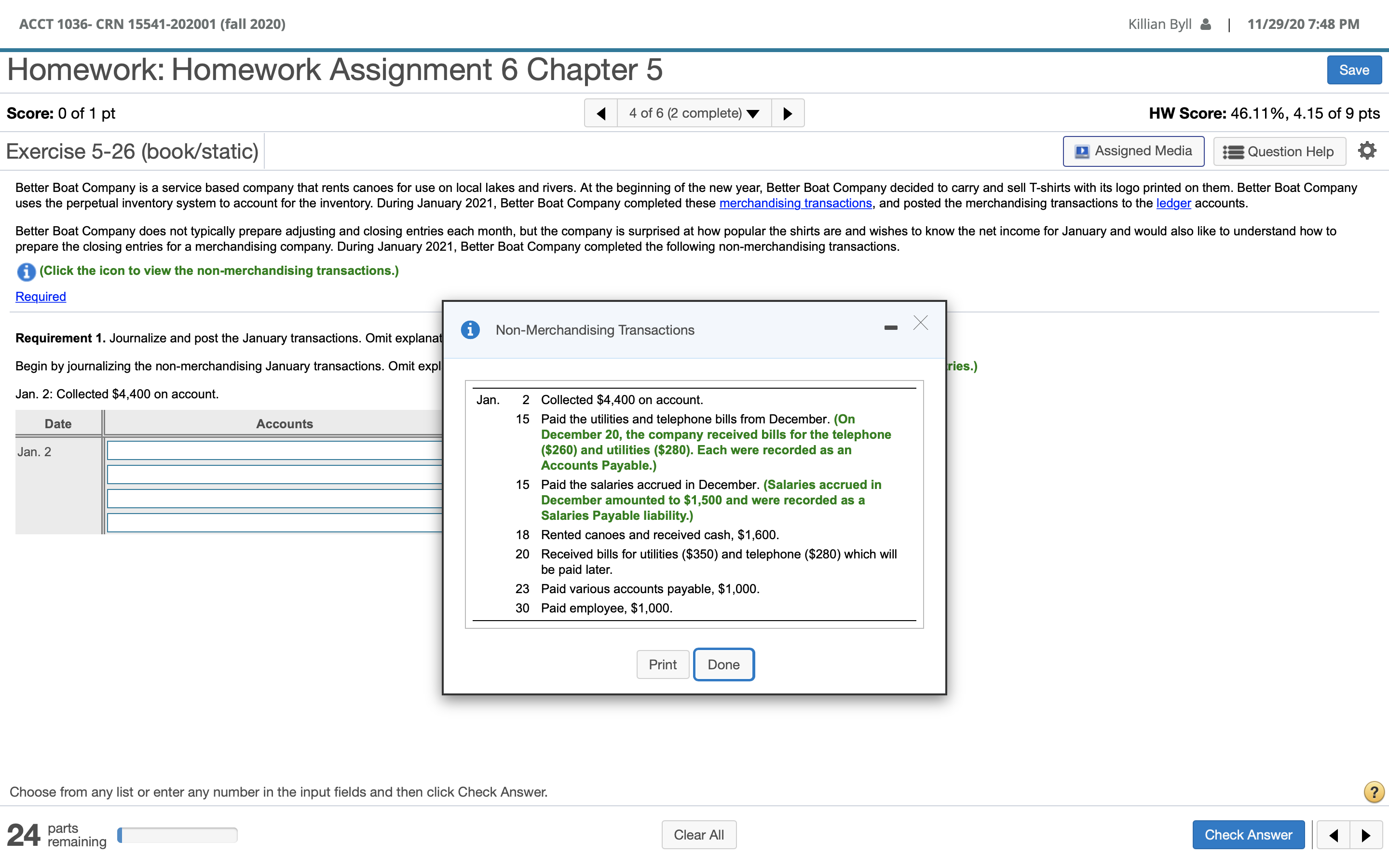 (fall 2020) Killian Byll A | 11/29/20 7:48 PM Homework: Homework Assignment