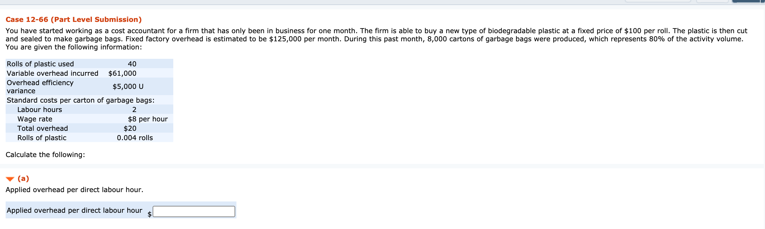 Appreciate any help on this question Case 12-66 (Part Level Submission) You