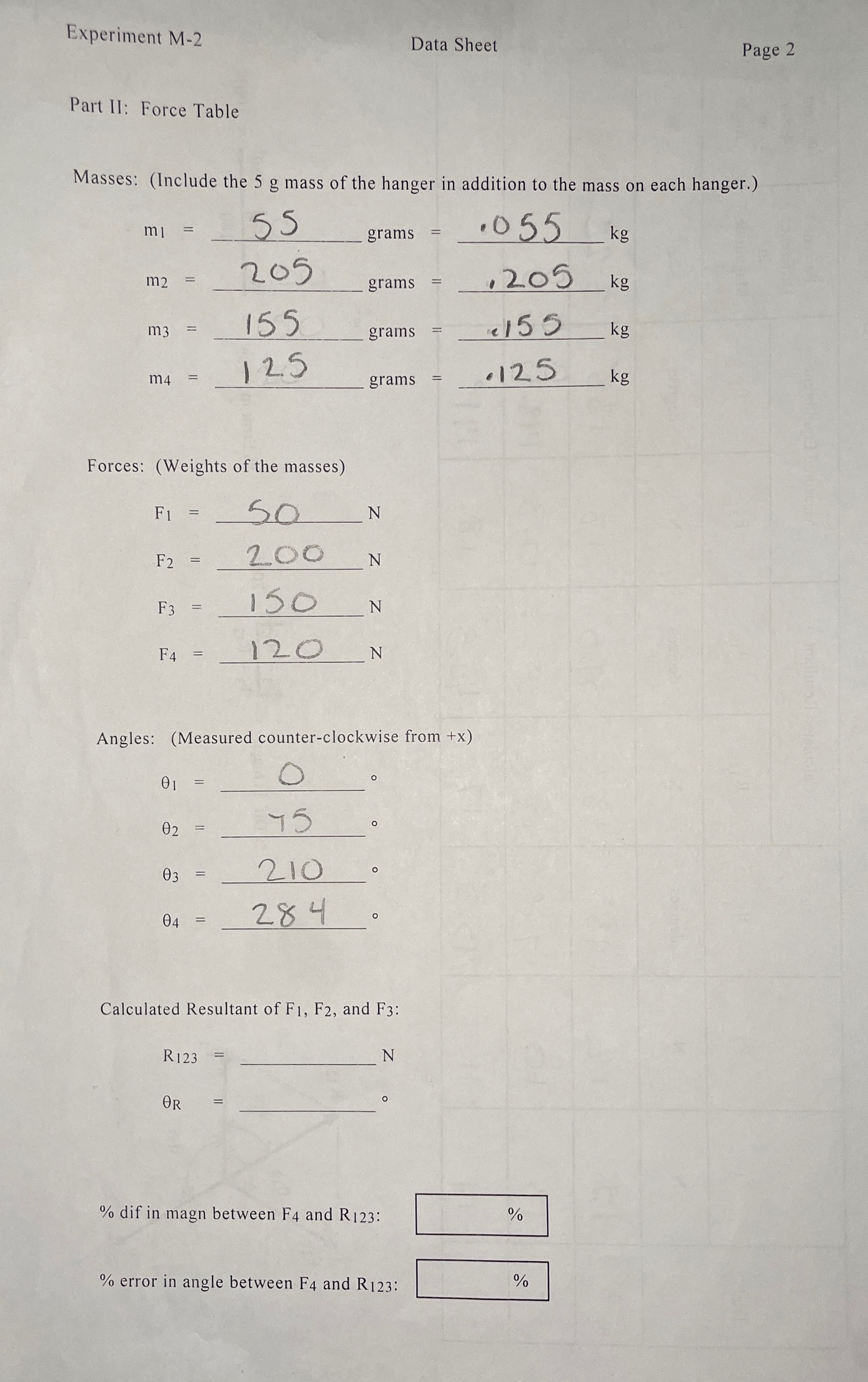 Hello could you help with the calculations please Experiment M-2 Data Sheet