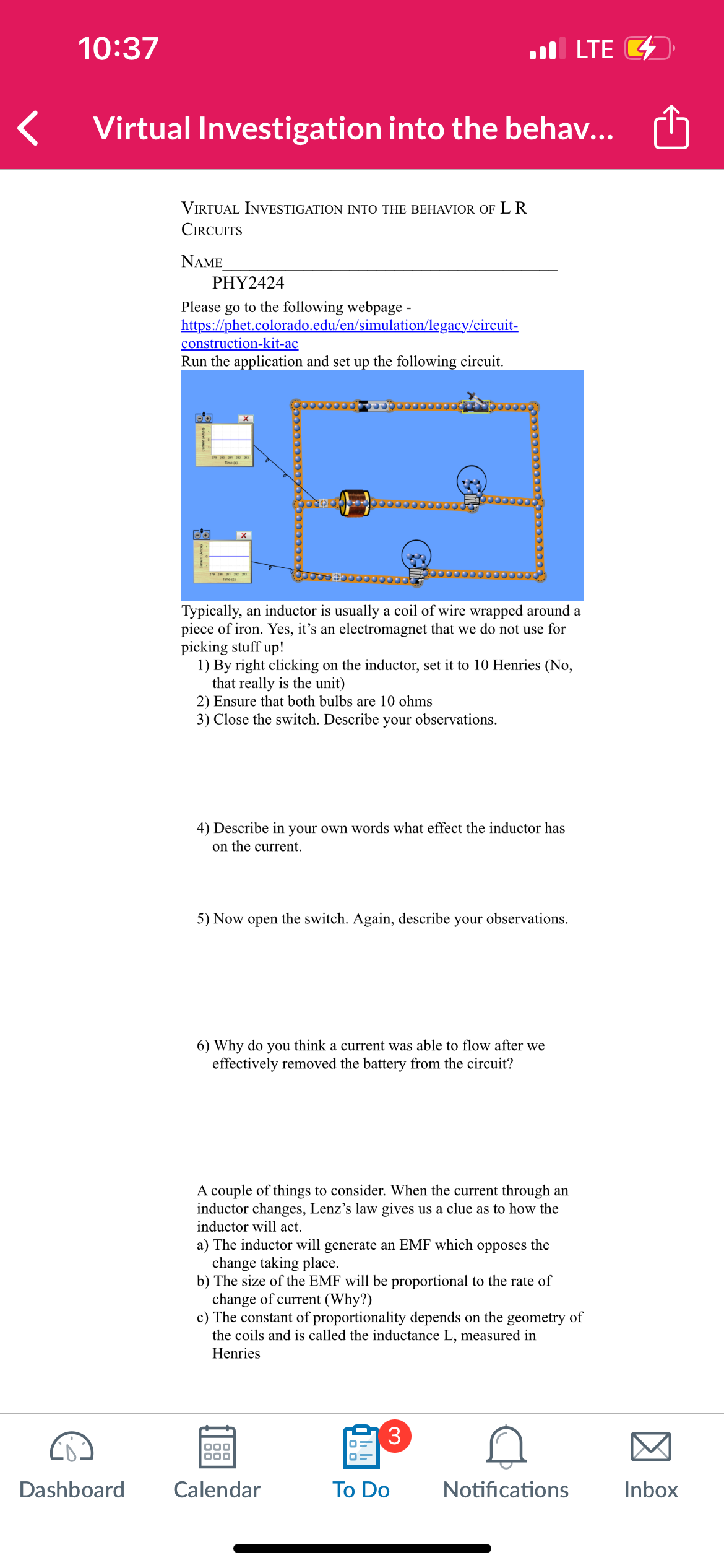 OF L R CIRCUITS NAME PHY2424 Please go to the following webpage