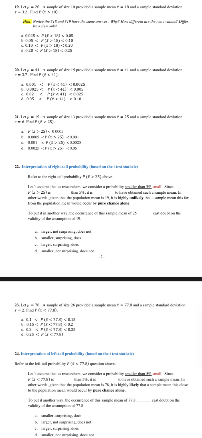 sample of size 10 provided a sample mean x = 18 and