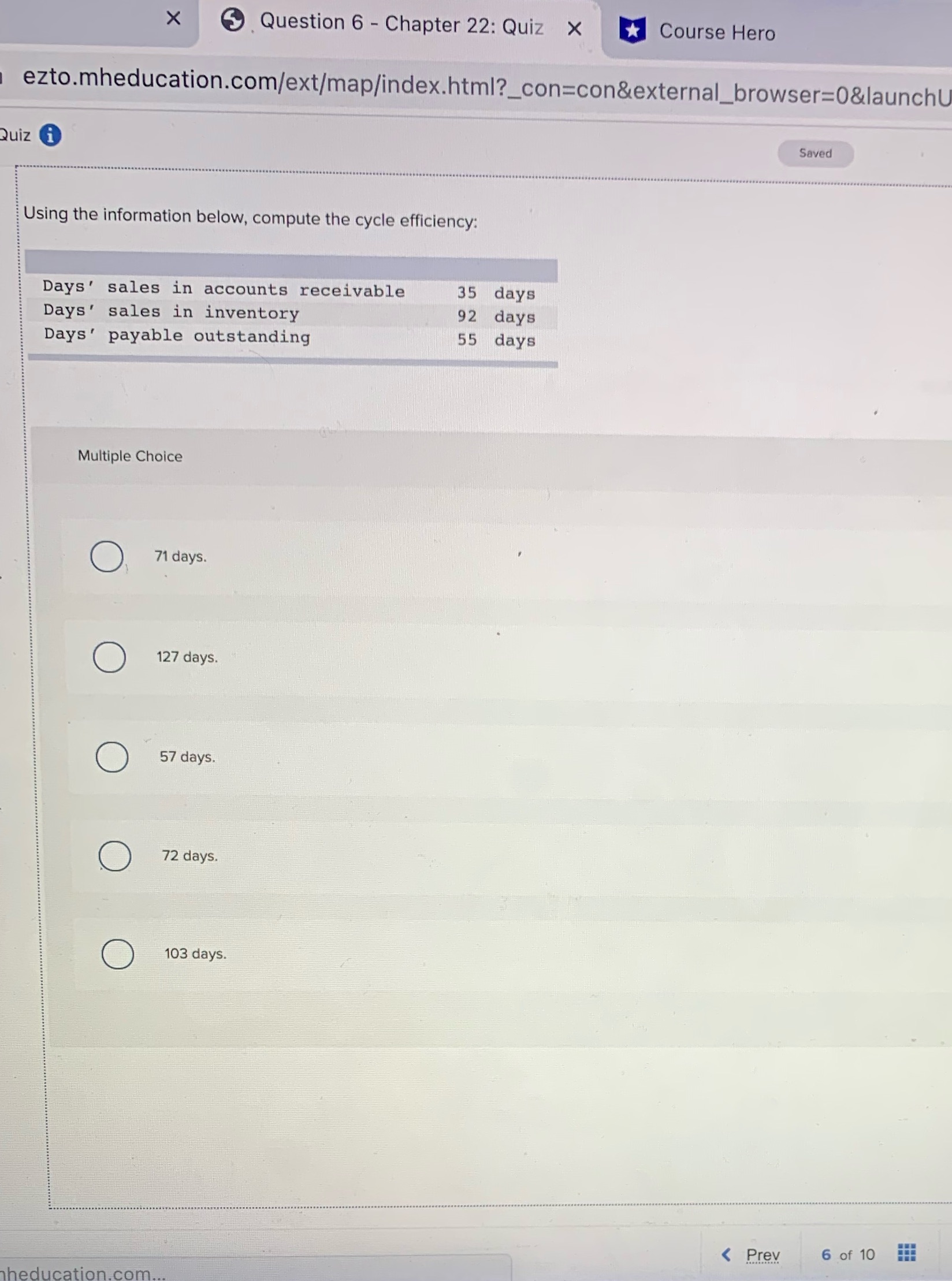  X Question 6 - Chapter 22: Quiz x Course Hero ezto.mheducation.com/ext/map/index.html?_con=con&external_browser=0&launchU