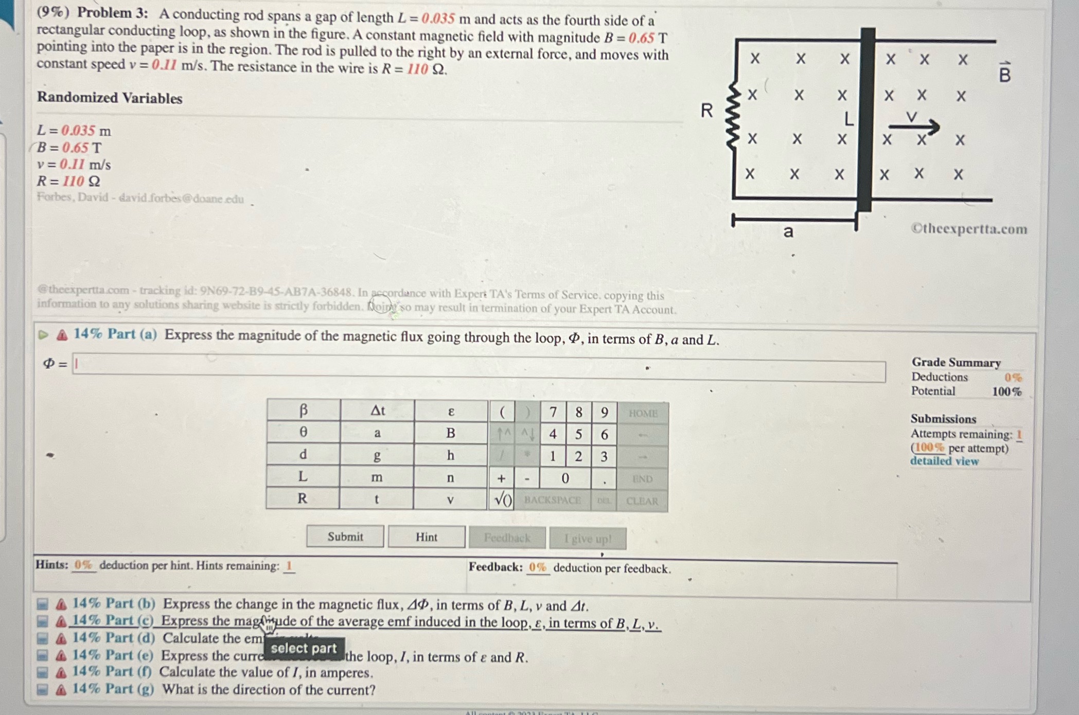 answer all parts please a-g (9%) Problem 3: A conducting rod spans