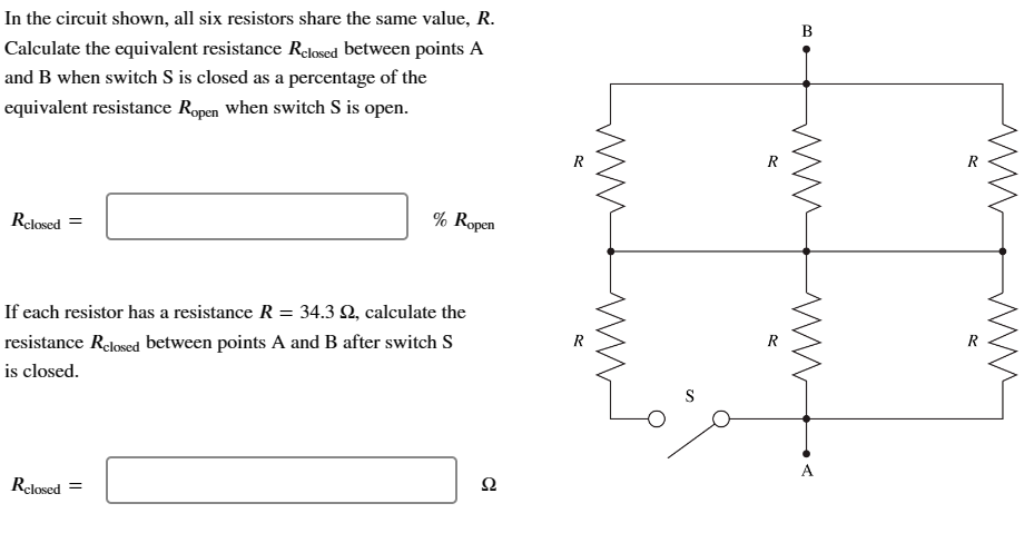 six resistors share the same value, R. Calculate the equivalent resistance Rchmd