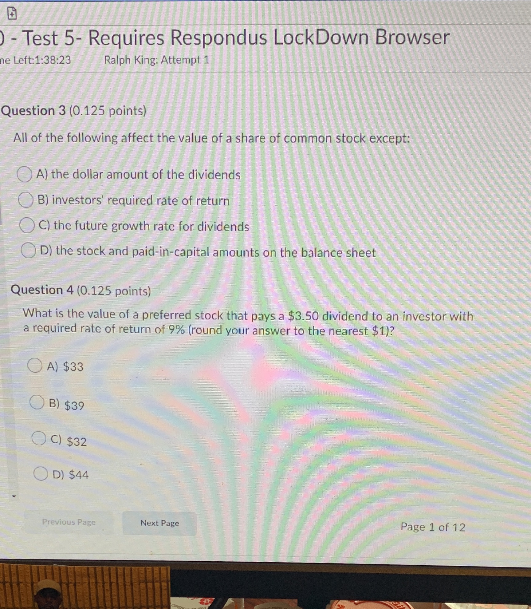 A - Test 5- Requires Respondus LockDown Browser he Left:1:38:23 Ralph