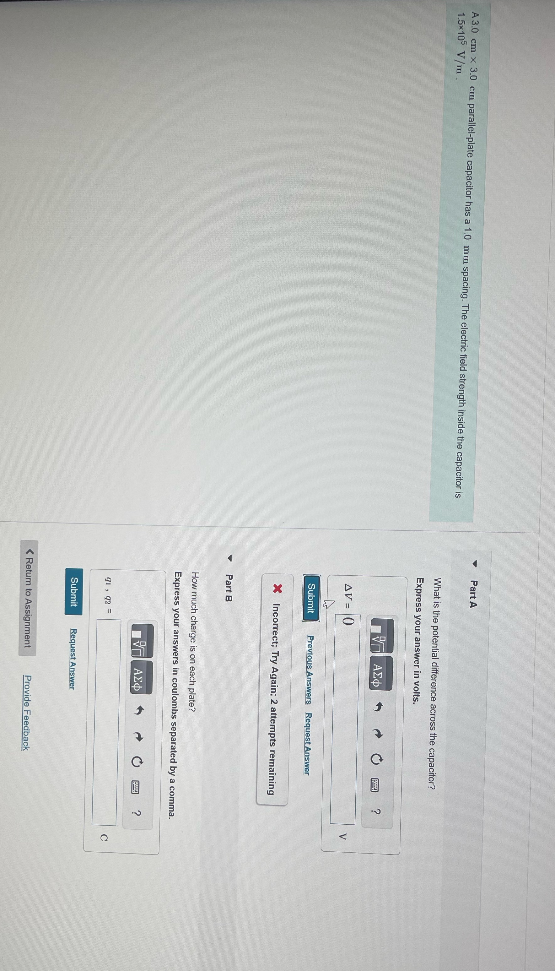 Help! Part A A 3.0 cm x 3.0 cm parallel-plate capacitor has