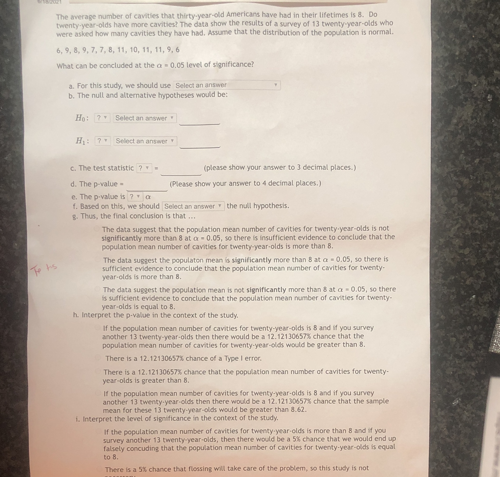 Hypothesis test for a single population mean. The average number of cavities