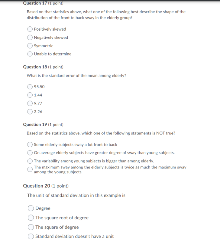 to 20 are based on the table below. The table describes the