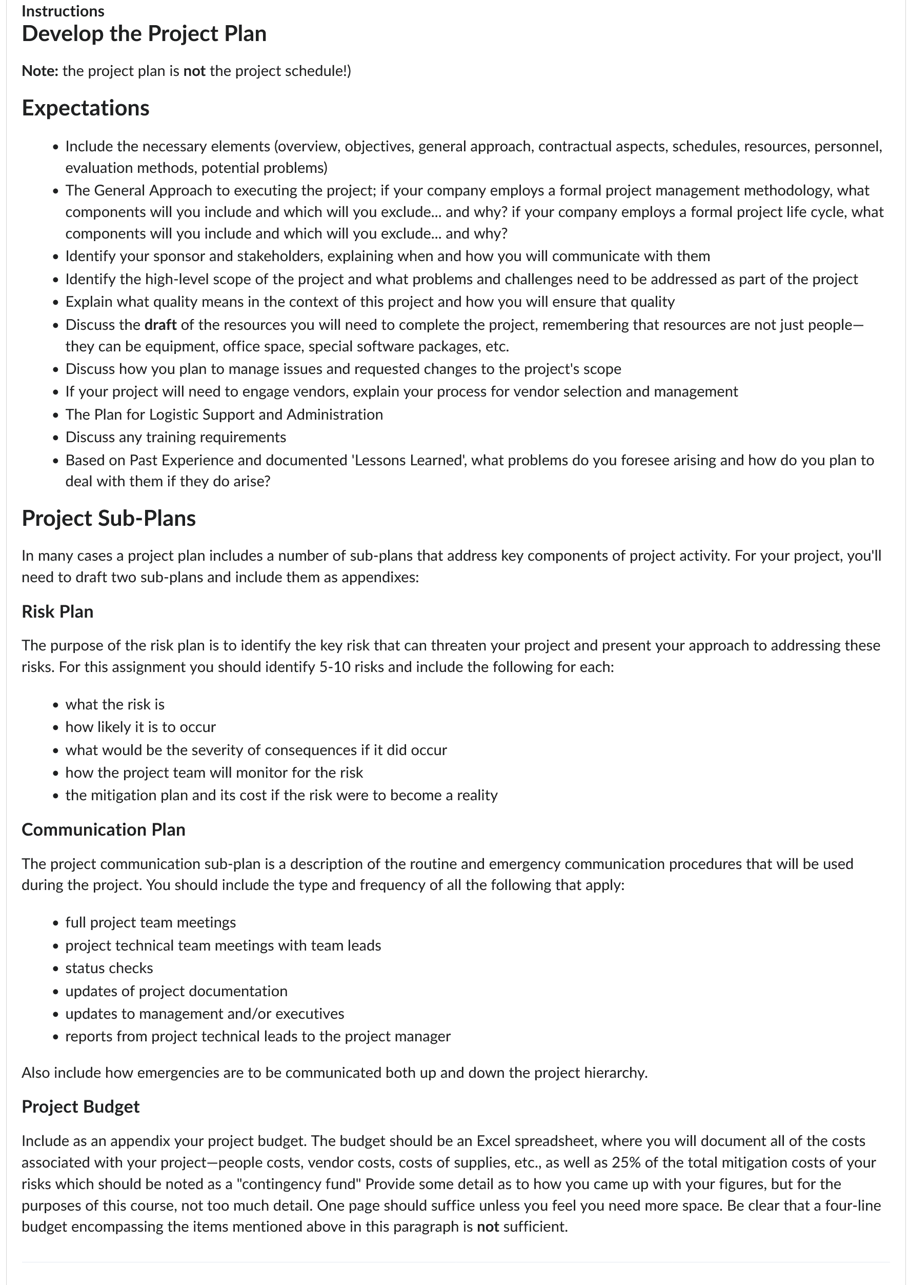 Instructions Develop the Project Plan Note: the project plan is not