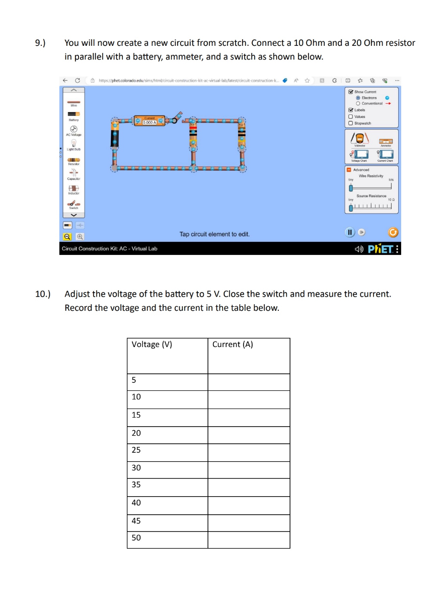 in the table below. Voltage (V) Current (A) s ] 0 e