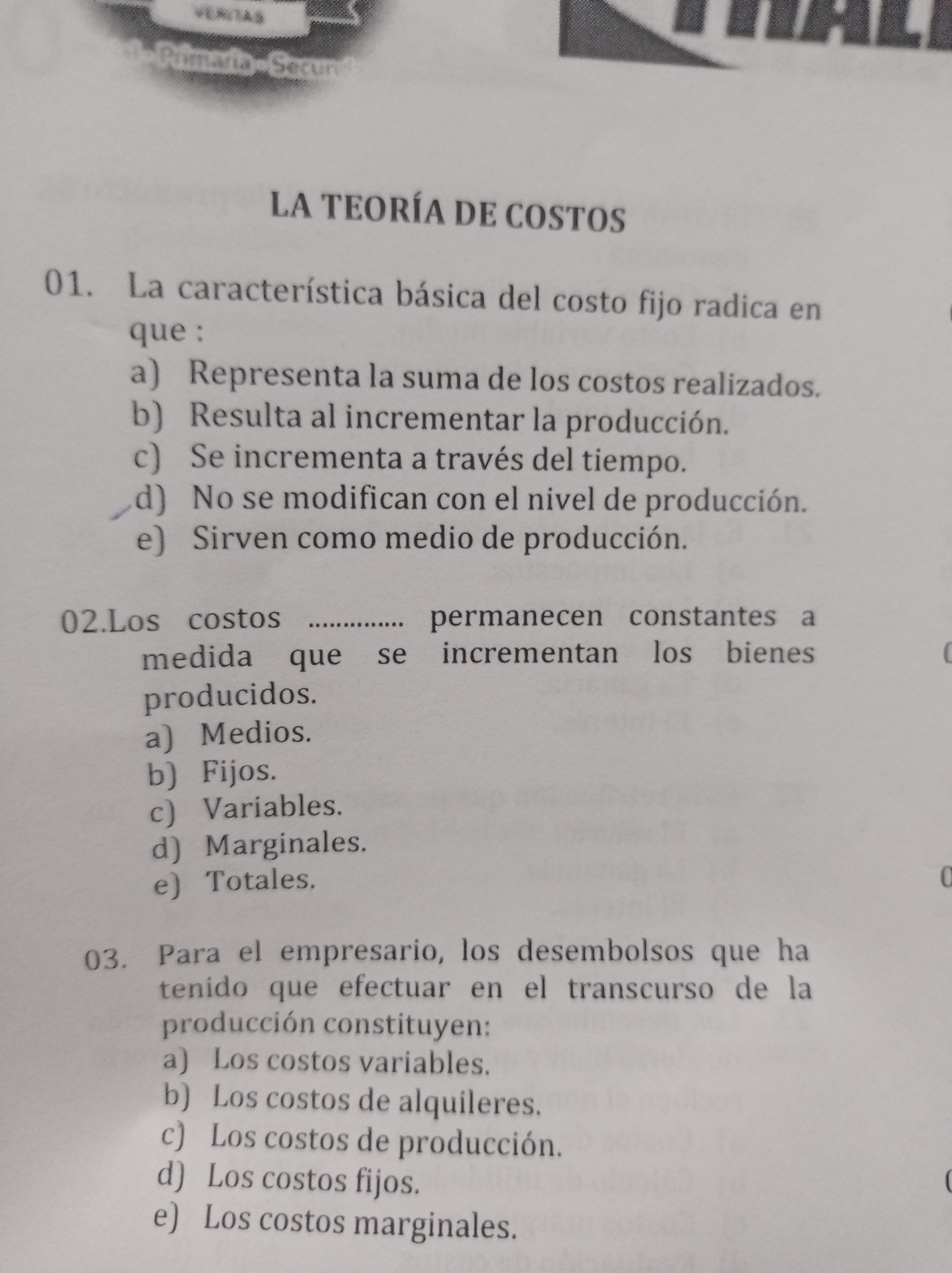 LA TEORiA DE cosros 01. La caracteristica bsica del costo fijo radica