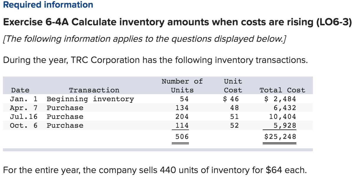 Required information Exercise 6-4A Calculate inventory amounts when costs are rising