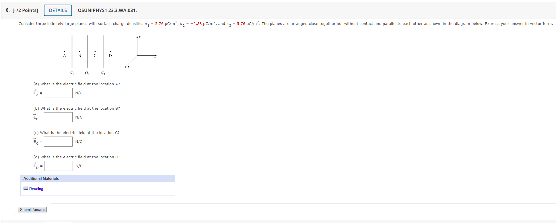 surface charge densities o, = 5.76 1C/m?, 2.88 uC/m?, and 7, =