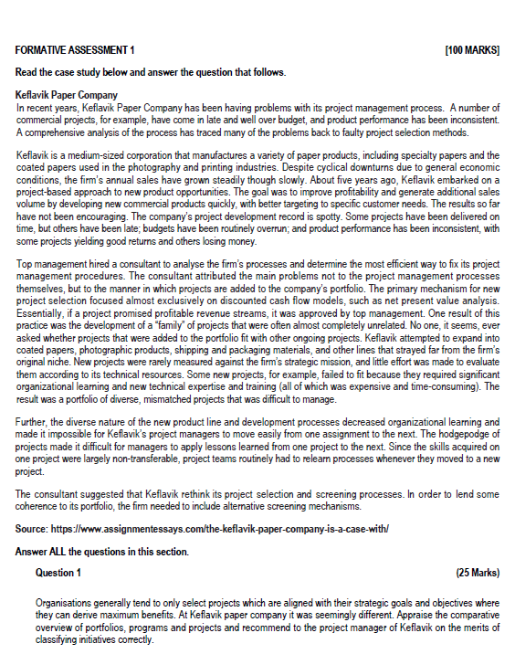  FORMATIVE ASSESSMENT 1 [100 MARKS] Read the case study below and