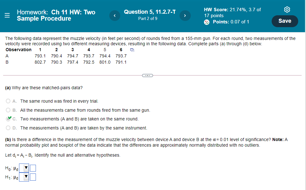 Homework: Ch 11 HW: Two Sample Procedure HW Score: 21 _74%, of