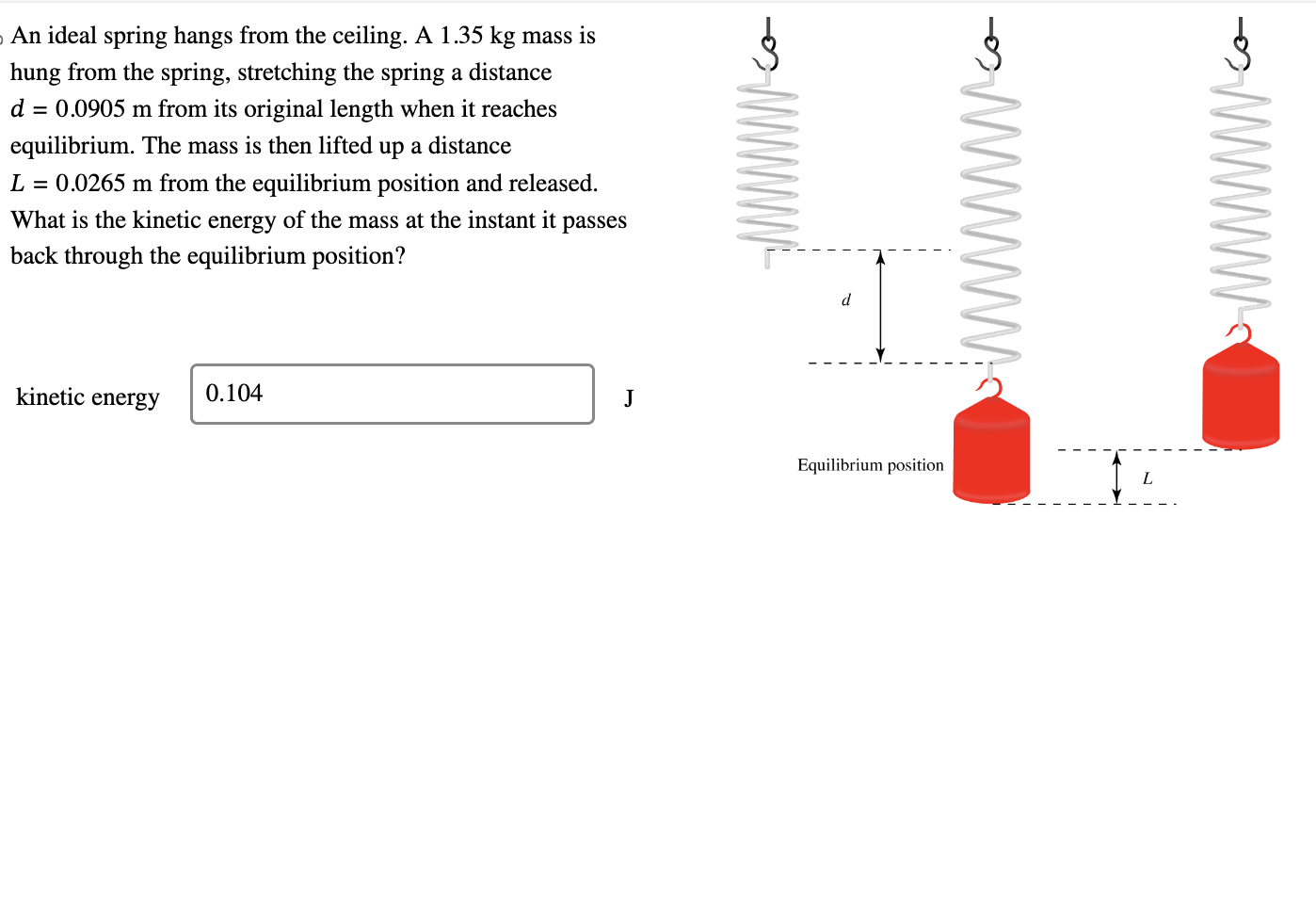 mass is hung from the spring, stretching the spring a distance d