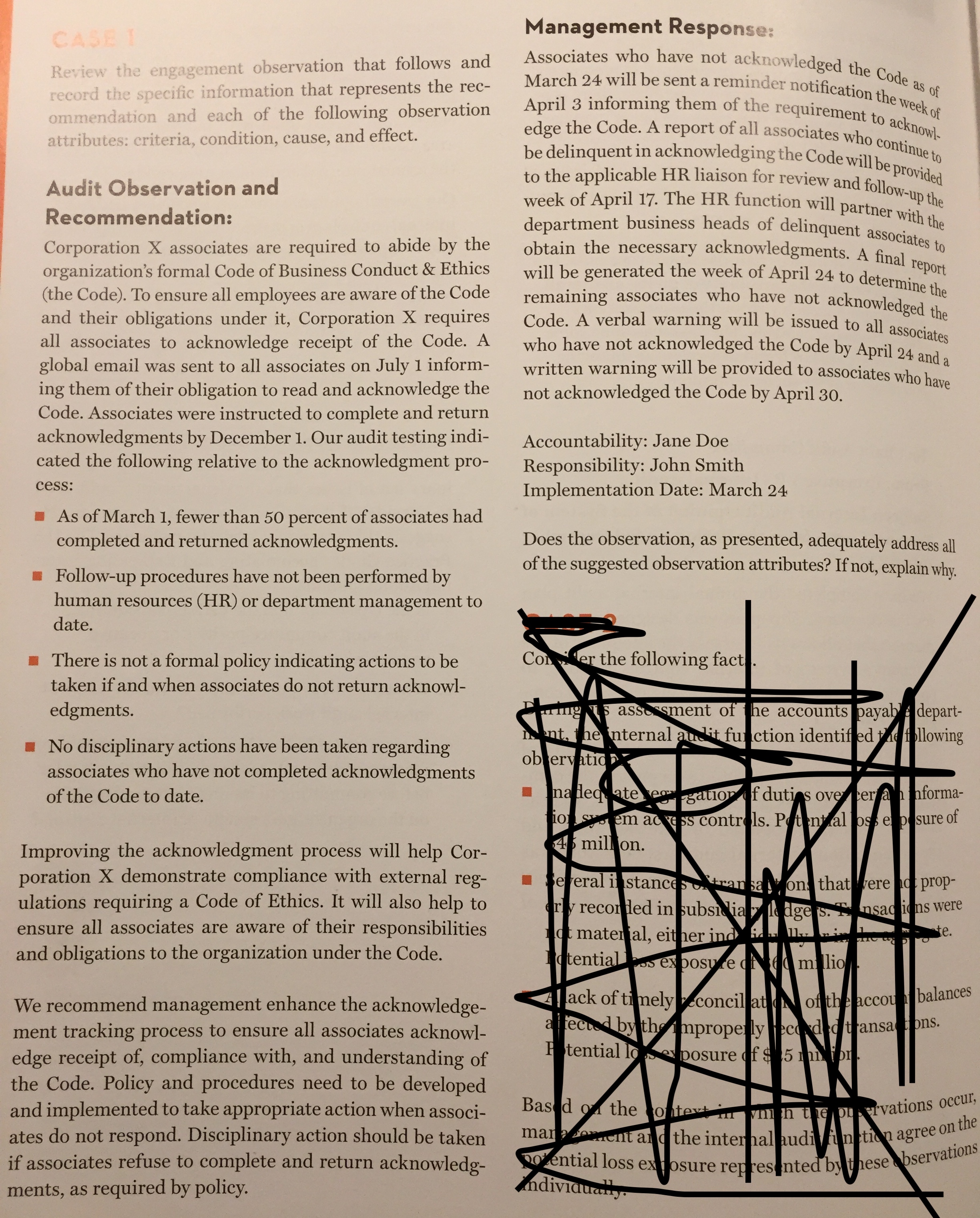 Please answer case #1 CASE I Management Response: Review the engagement observation