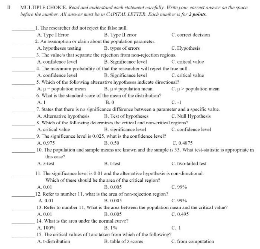  II. MULTIPLE CHOICE. Read and understand each statement carefully. Write your