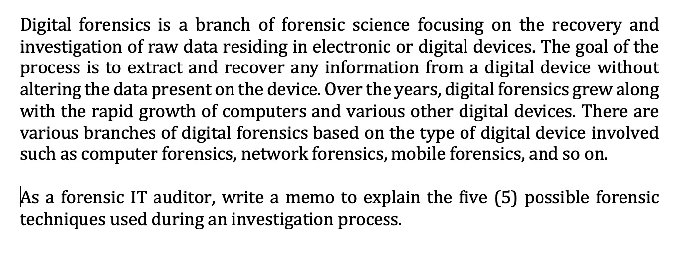As a forensic IT auditor, write a memo to explain the five