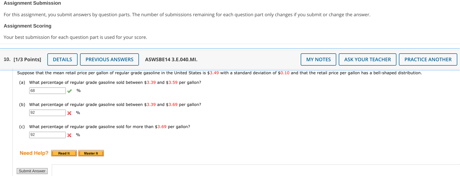 The number of submissions remaining for each question part only changes if