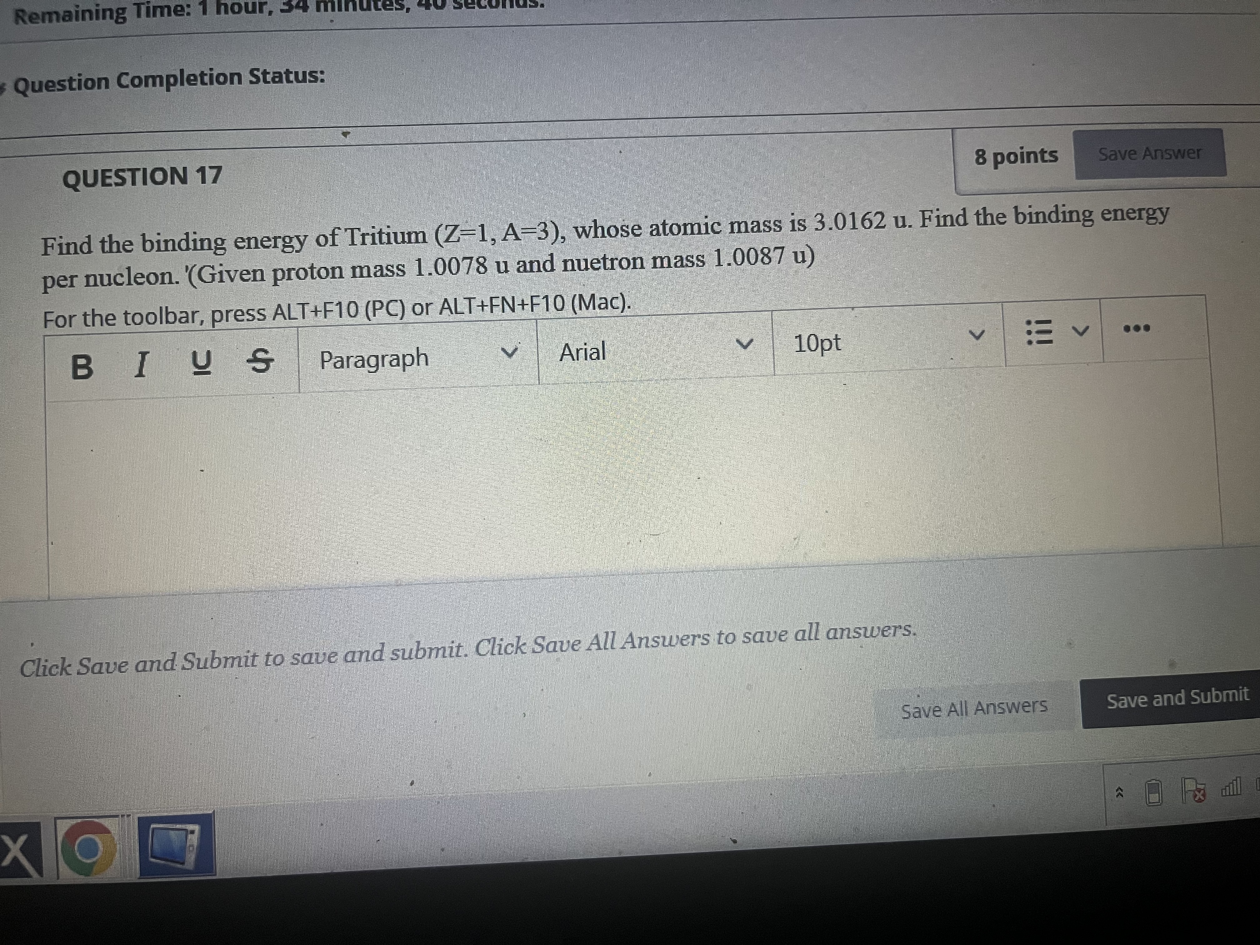 8 points Save Answer Find the binding energy of Tritium (Z-1, A-3),